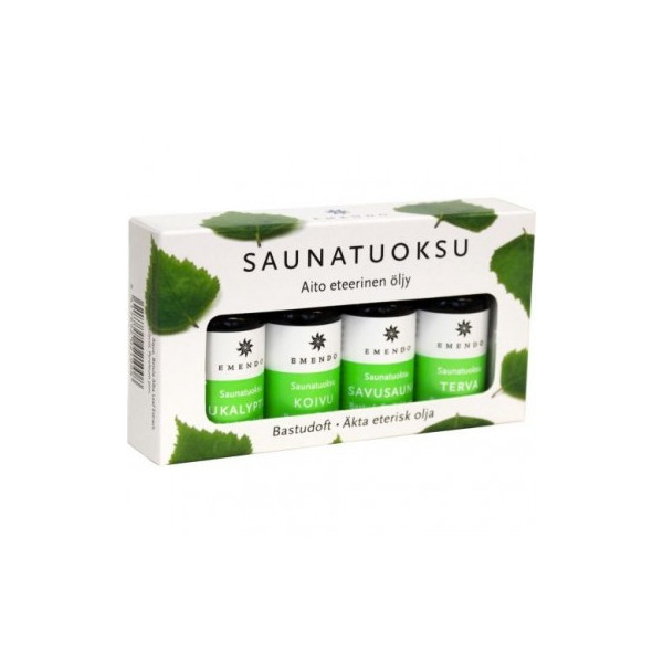 Emendo, Saunatuoksu, Saunaduft-Set: Eukalyptus, Birke, Rauchsauna & Teer 4×10 ml